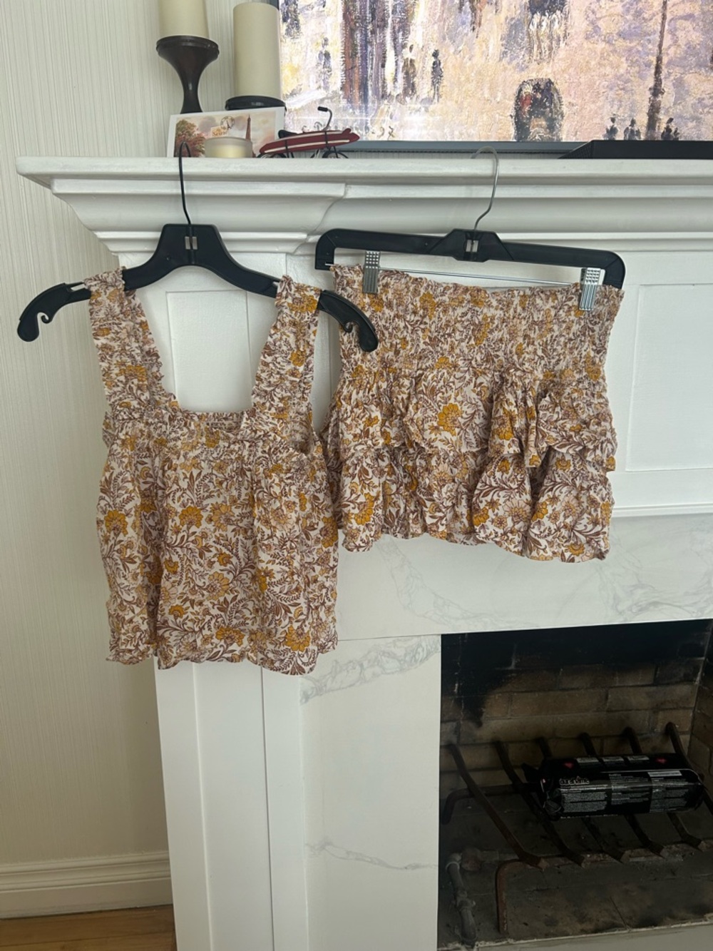 AQUA Floral Two-Piece Set in Cream & Mustard